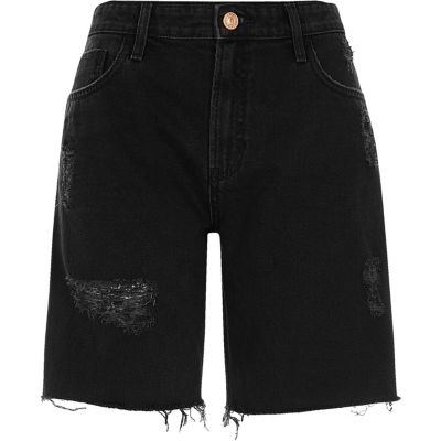 Black distressed denim boyfriend shorts